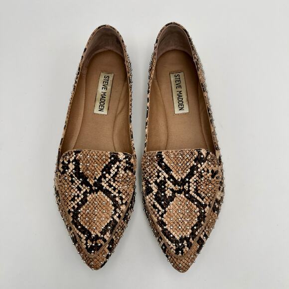 Steve Madden Feather Studded Loafer Flat Womens 6.5 Snake Print Leather Reptile - Picture 3 of 8